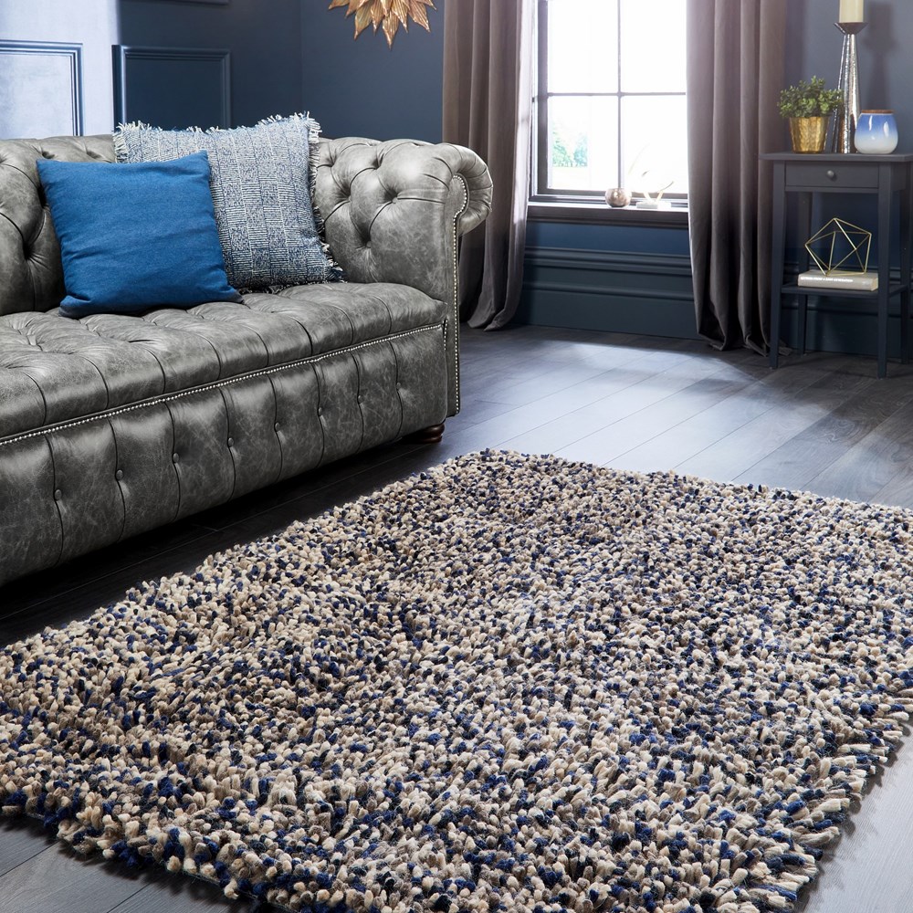 Rocks Shaggy Wool Modern Plain Rugs in Navy Blue